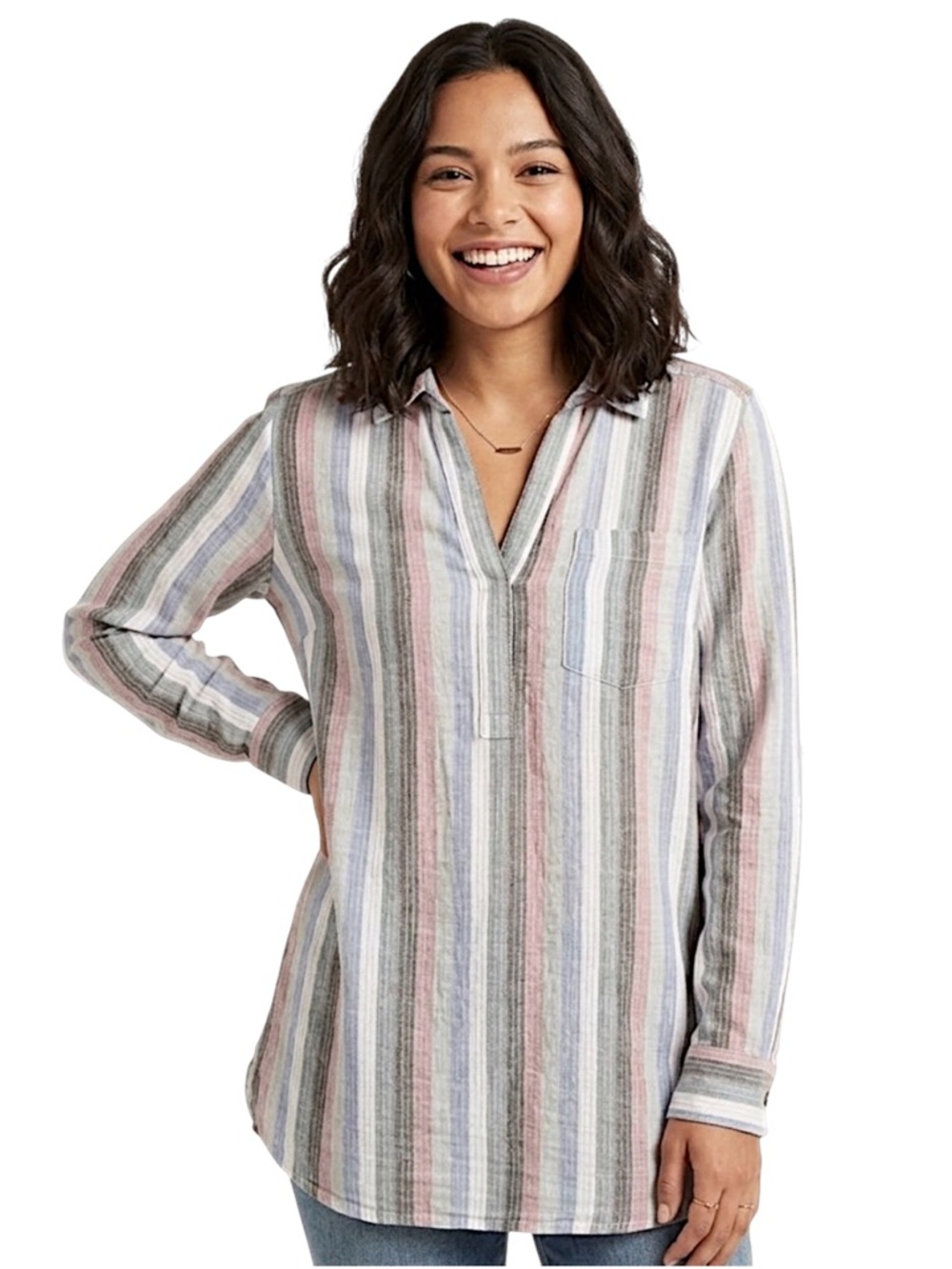 Sonoma Pastel Striped V-Neck Loose Fit Pullover Blouse Size Small